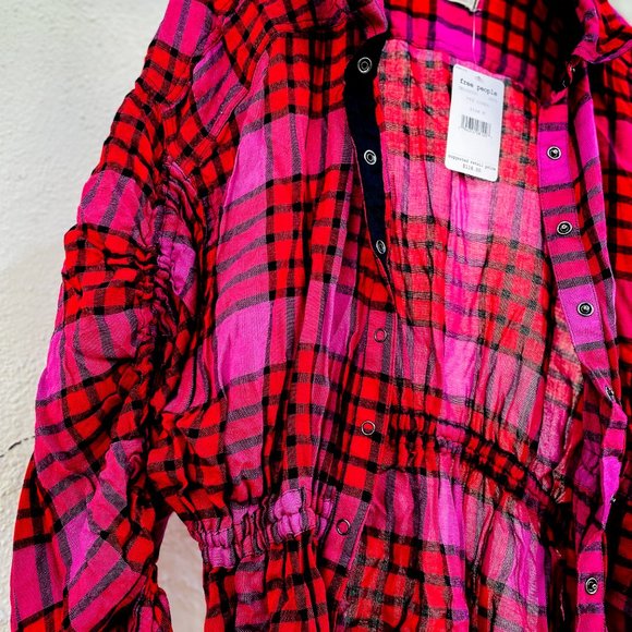 New Free People "Pacific Dawn" Medium Red Plaid Button up Top - Picture 10 of 12